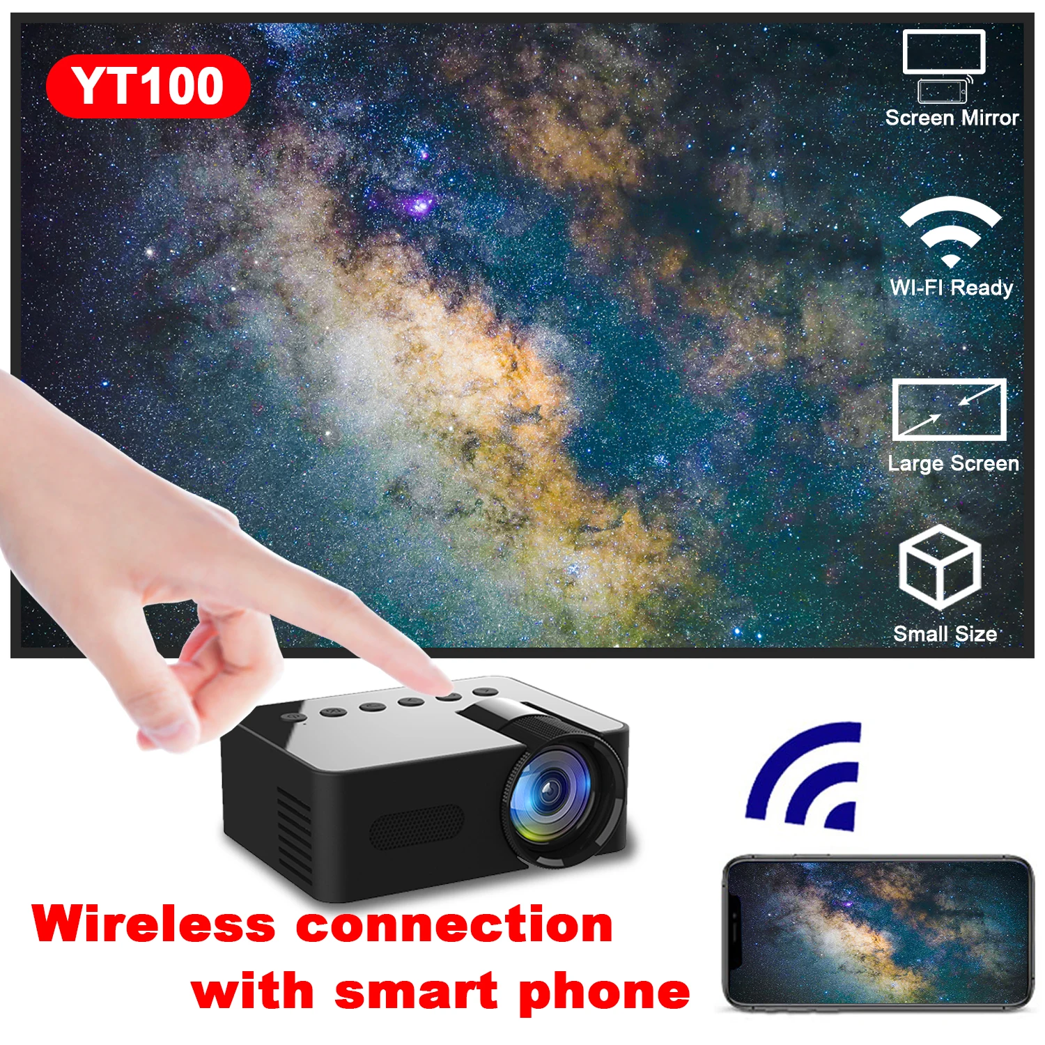 Proiettore YT100 Mini proiettore portatile di alta qualitĂ proiettore da campeggio all\'aperto Smartphone Mirroring Wireless supportato Home Theater