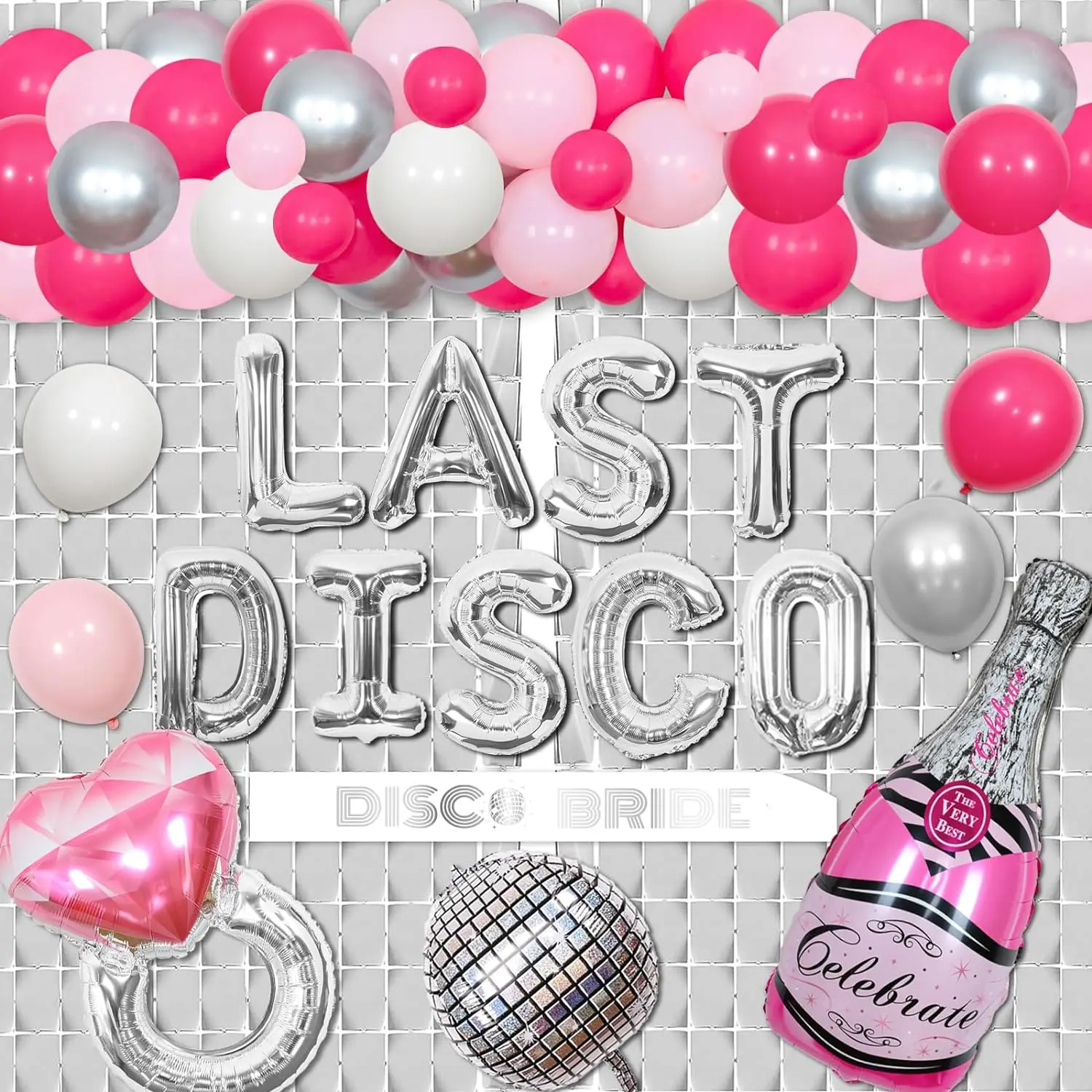 

Last Disco Bachelorette Party Decor Disco Western Cowgirl Arch Fringe Curtain Backdrop Diamond Ring Bottle Balloons Sash