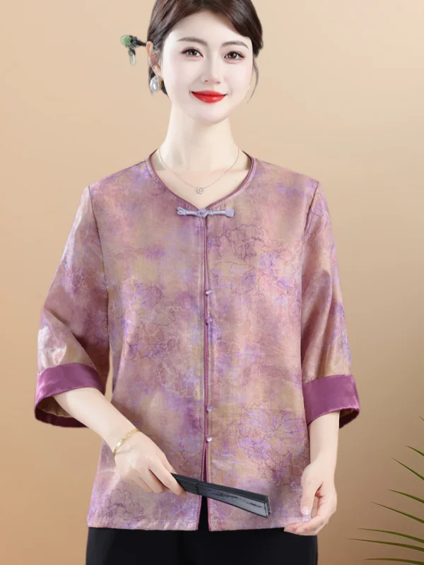

New Chinese Style Loose Fit Summer Shirt Women's Thin Seven Sleeve Cover Belly Slimming Middle-aged Fashionable Top