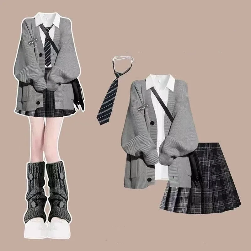 

Spring Fall Preppy Style Vintage Knit Coats Shirt Tie Plaid Skirts Sets Women Cusaul Sweater Jackets Blouse Skirt Outfits 2025