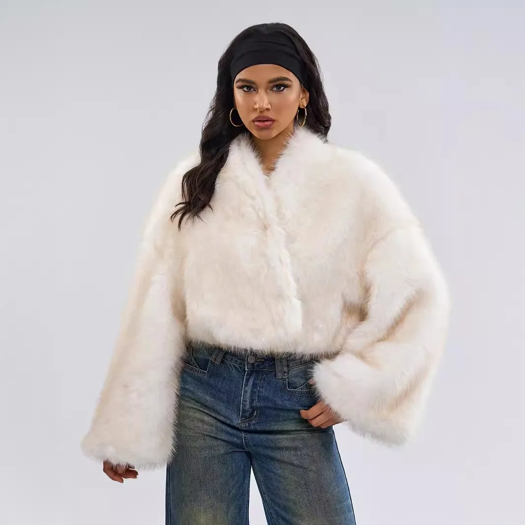 

V Neck Short Faux Fur Jacket Women Winter Plush Coat Warm Long Sleeves Fluffy Fur Jacket Furry Overcoat Streetwear 2024 New