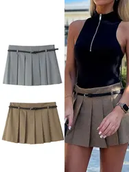 HH 2024 Women's Fashion Pleated Mini Culottes For Autumn High Waist Belt Decoration Side Zip Female Casual Street Skirts
