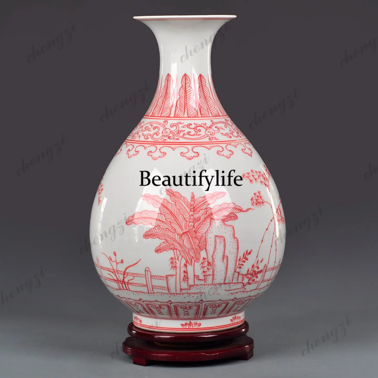 Red hand-painted underglaze red Chinese vase household hydroponic ornament living room TV cabinet