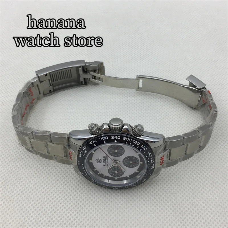 39mm VK63 Quartz Watch Men's White dial Silver case Black bezel Sapphire Glass Sports Chronograph Stainless Steel Oysterbracelet
