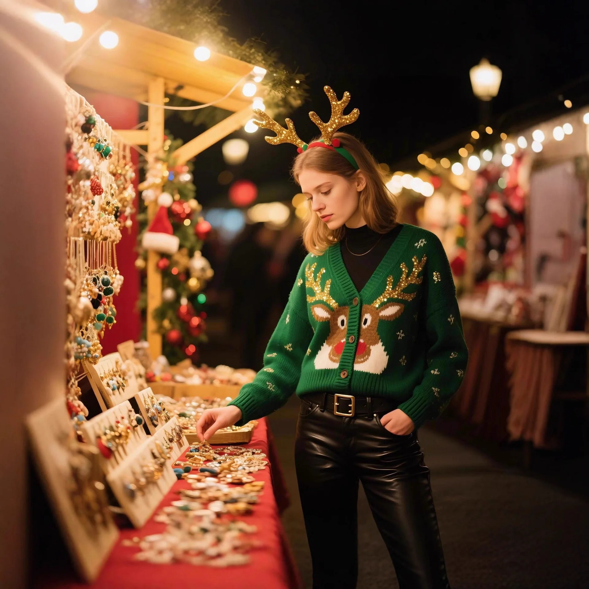 

Women's Christmas Reindeer Print Cardigan Green Jacquard Knit Open Front Sweater Festive Holiday Party Wear Cozy Winter Coat