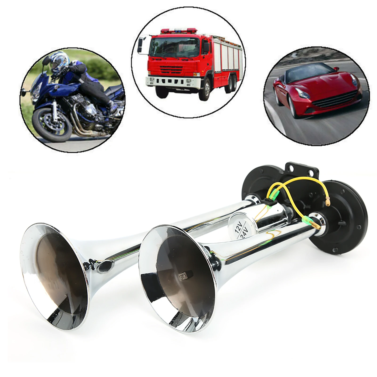 Universal Car Pneumatic Air Horn Dual Trumpet 130dB 12V/24V Train Auto Lorry Truck ABS Metal Universal Car Pneumatic Air Horn