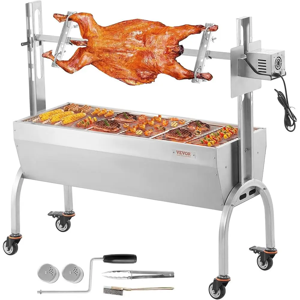 

46 Electric Stainless Steel Spit Grill for Whole Pig, Lamb, and Goat - 132 lbs Capacity, Rotisserie Roaster with Lockable Wheels