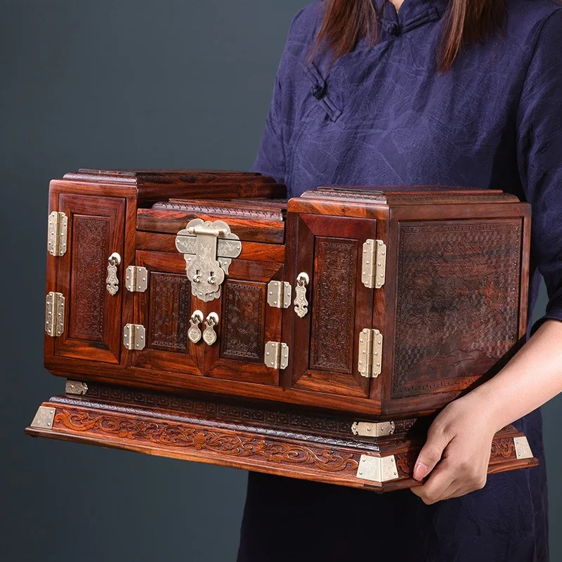 Big red rosewood jewelry box, multi-layer mahogany storage box, solid wood storage box
