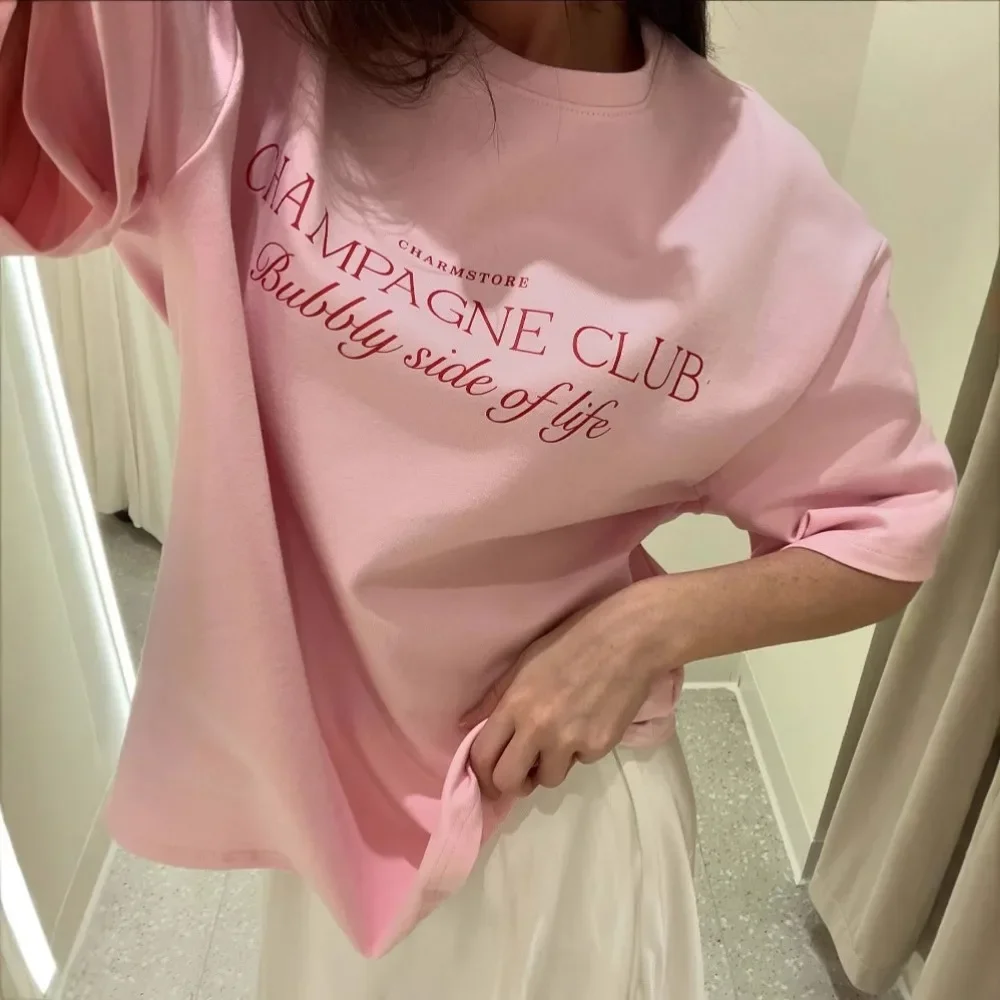 

Simple Letter Print T-shirt Women's Shoulder Spring and Summer Cute Pink Versatile Loose Basic Round Neck Short Sleeve