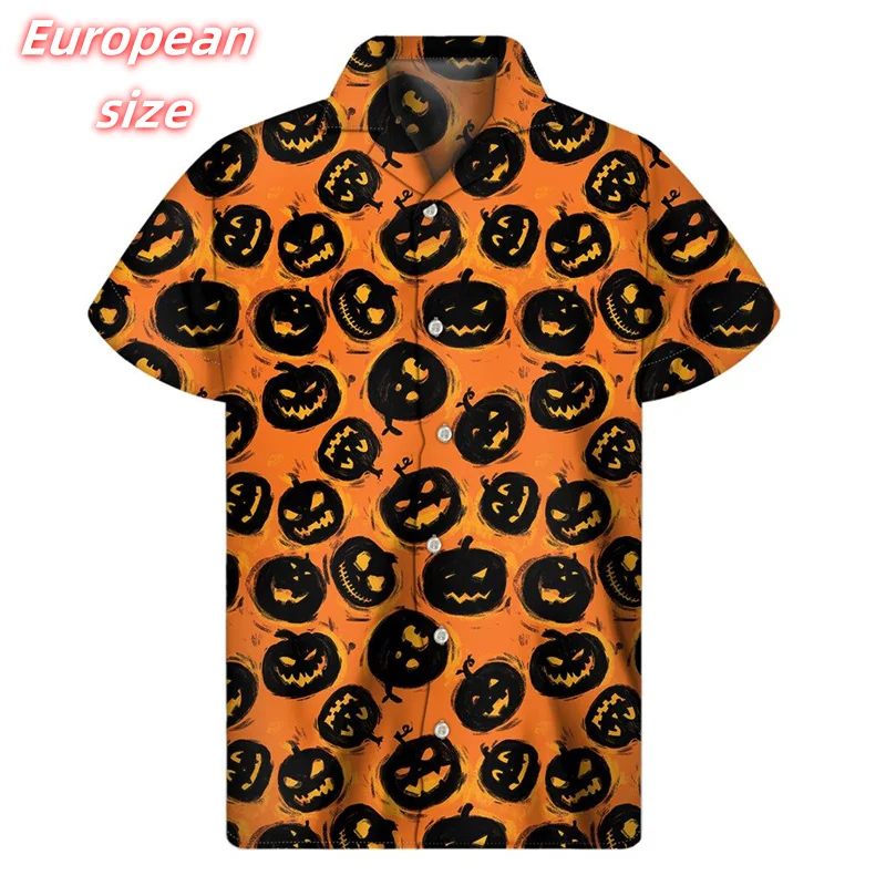 

Moon Pumpkin Pattern Hawaiian Shirt For Men Christmas Halloween 3D Printed Blouse Summer Short Sleeve Lapel Tops Aloha Shirts