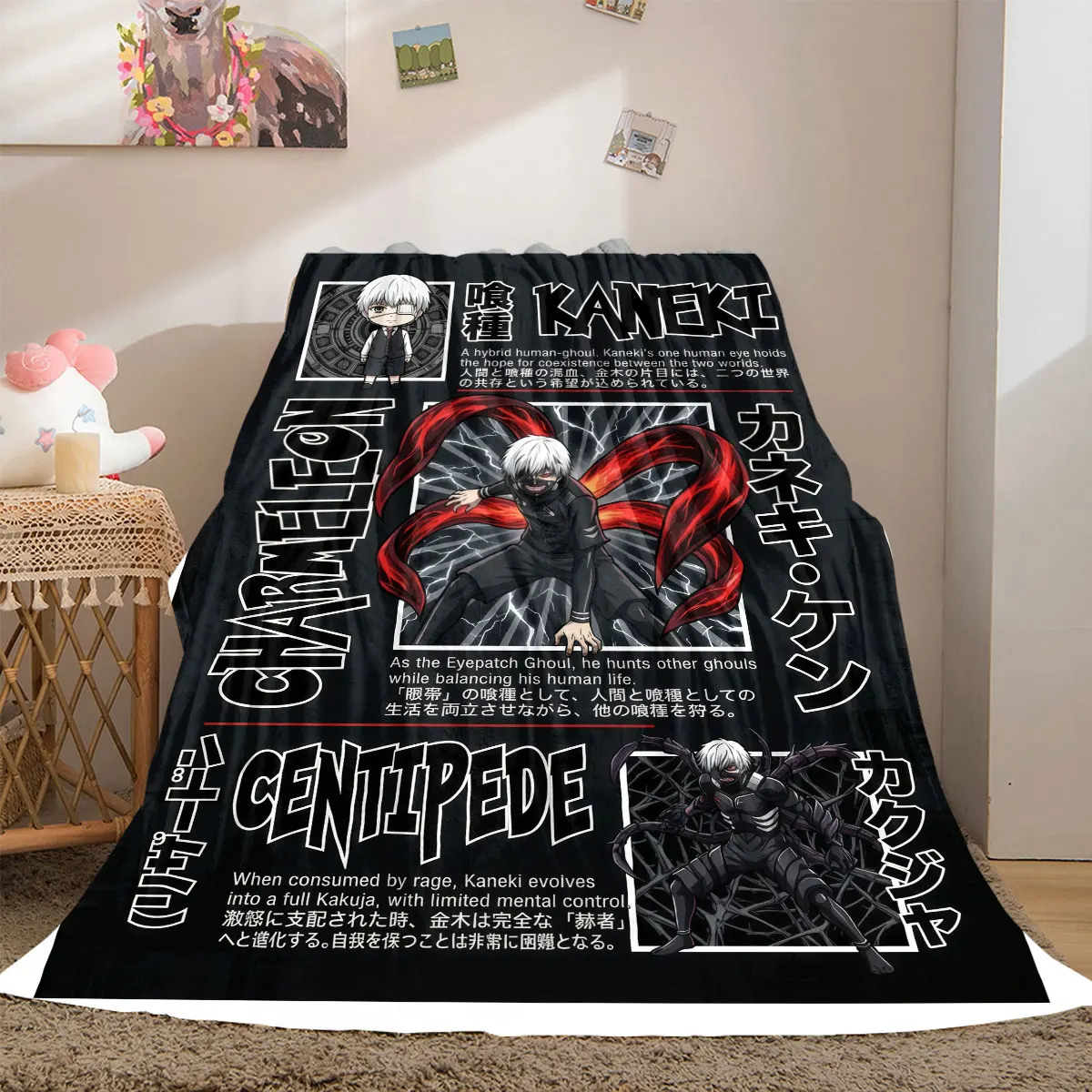 Tokyo Ghoul Creative 2D Cartoon Flannel Blanket, Artistic Print for Bedroom, Warm Sofa Bed Travel Throw_LIAN