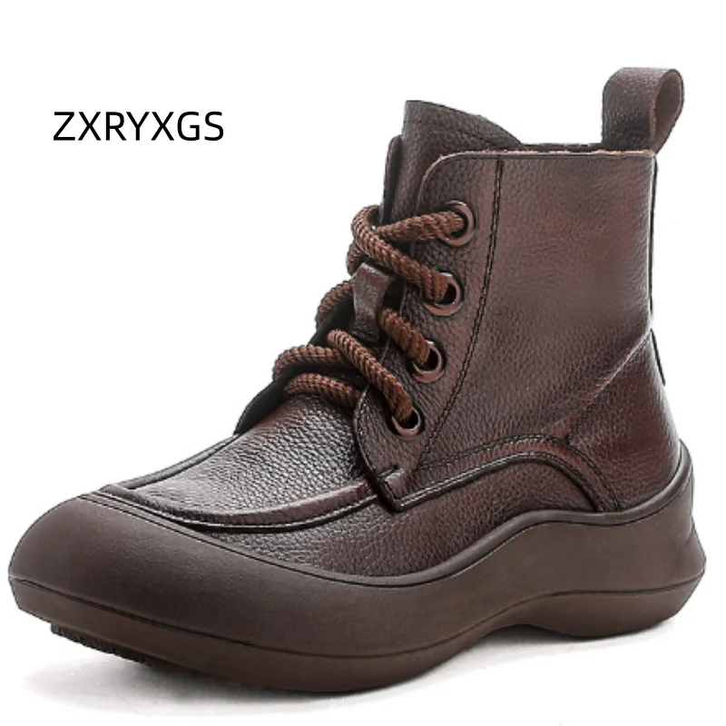 

ZXRYXGS Ботинки из натуральной кожи с перекрестным ремешком и боковой молнией, одинарные ботинки, 2025 г., зимние теплые зимние ботинки, ботинки на платформе, увеличивающие рост
