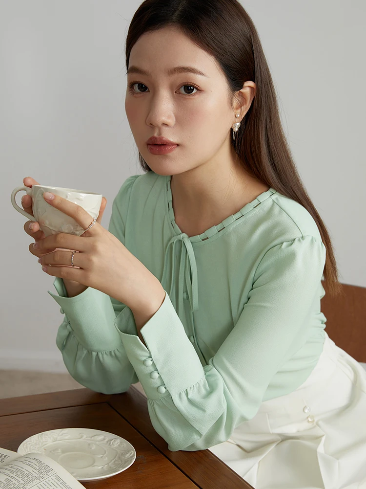 DUSHU Loose Women Round Neck Tie Design Shirts Light Green Elegant Long Sleeve Blouses 2023 Autumn New Straight Female Shirt