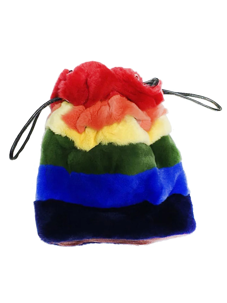 Tas Selempang Mewah Berbahan Bulu Asli Warna Pelangi Model Bucket, Fashionable, Serbaguna, Kapasitas Besar, Bisa Dipakai di Bahu atau Selempang