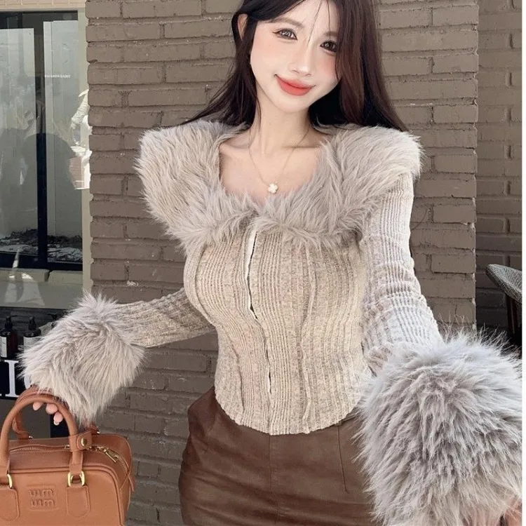 Wiosna Jesień Nowy Futrzany Kołnierz Kardigan Płaszcz Kobiety Y2k Grunge Slim Fit Zamek błyskawiczny Dzianinowe Topy Mujer Kurtki Casualowe z długim