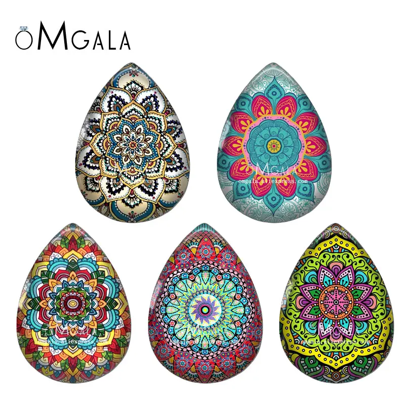 5pairs Colorful Vintage Mandala Art Patterns 13x18/18x25mm Photo Glass Cabochon Flat Back For DIY Jewelry Making Findings