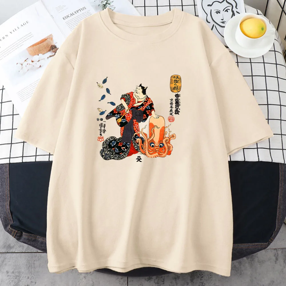 Ukiyoe Kanji Cat Japanese Style T-shirt Women/Men Cartoon Summer Tee-shirt Short Sleeve Cotton Soft Tshirt High Quality Tees Top