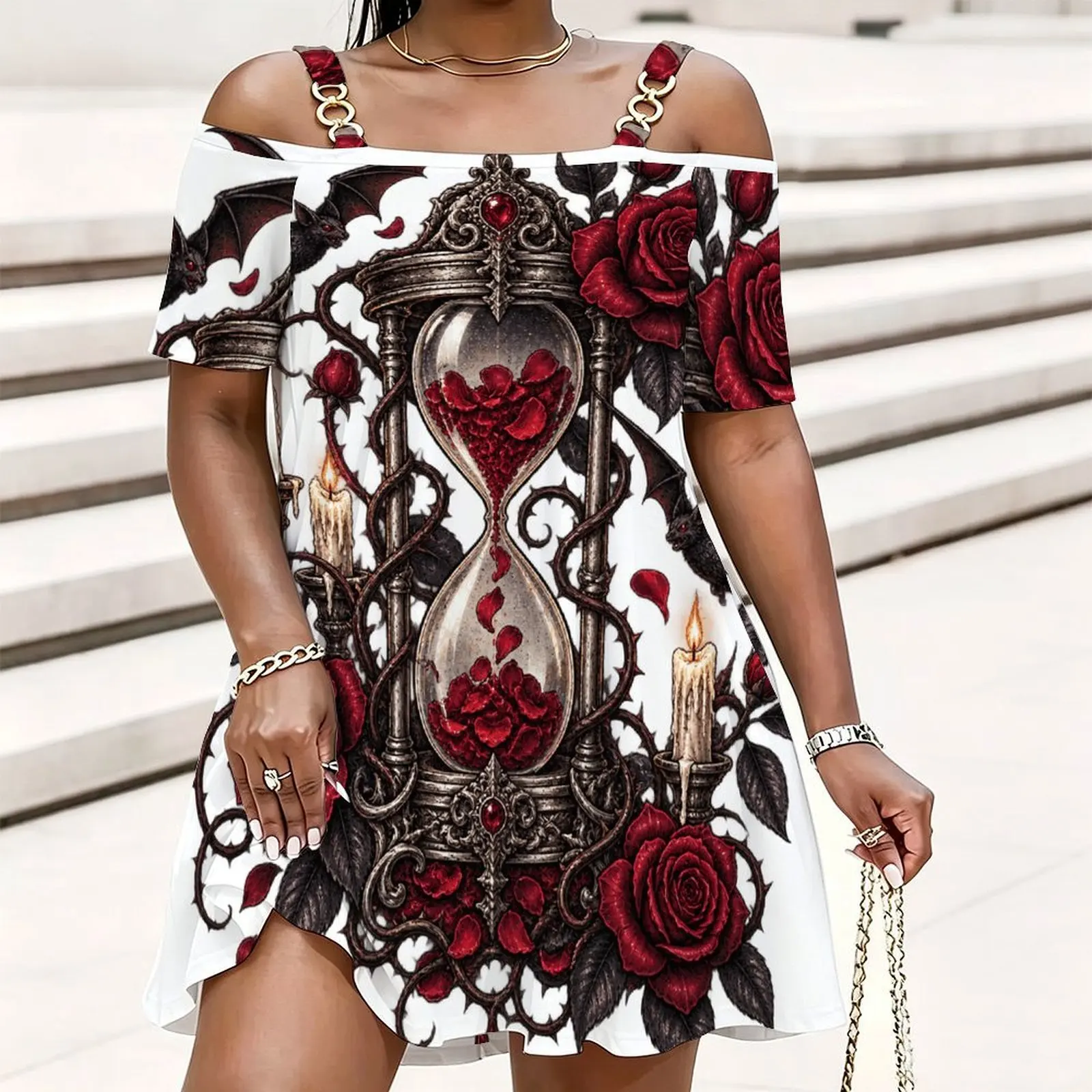 Women Cold Shoulder Chain Strap Short Sleeve Top, Printed Gothic Hourglass Red Rose Bat Candle Pattern