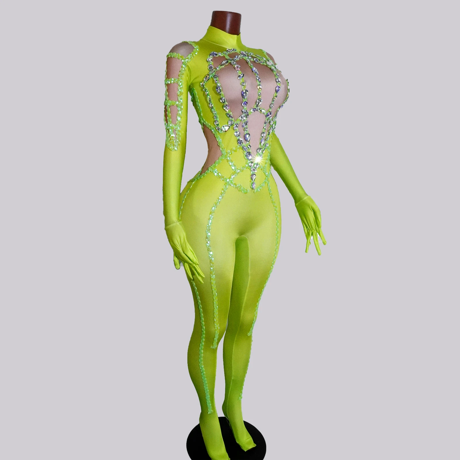 Drag Costume Sparkle Rhinestones Green Jumpsuits Long Sleeve Stage Performance Outfit Festival Birthday Party Showgirls Singer D