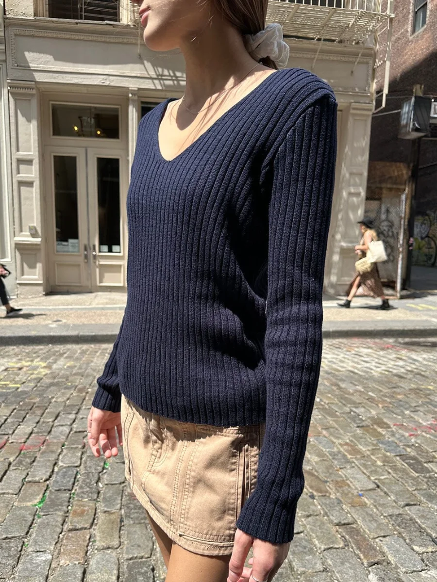 Suéteres de punto Vintage para mujer, Tops Y2k ajustados de manga larga con cuello en V, suéter Harajuku de algodón, Otoño, 2023