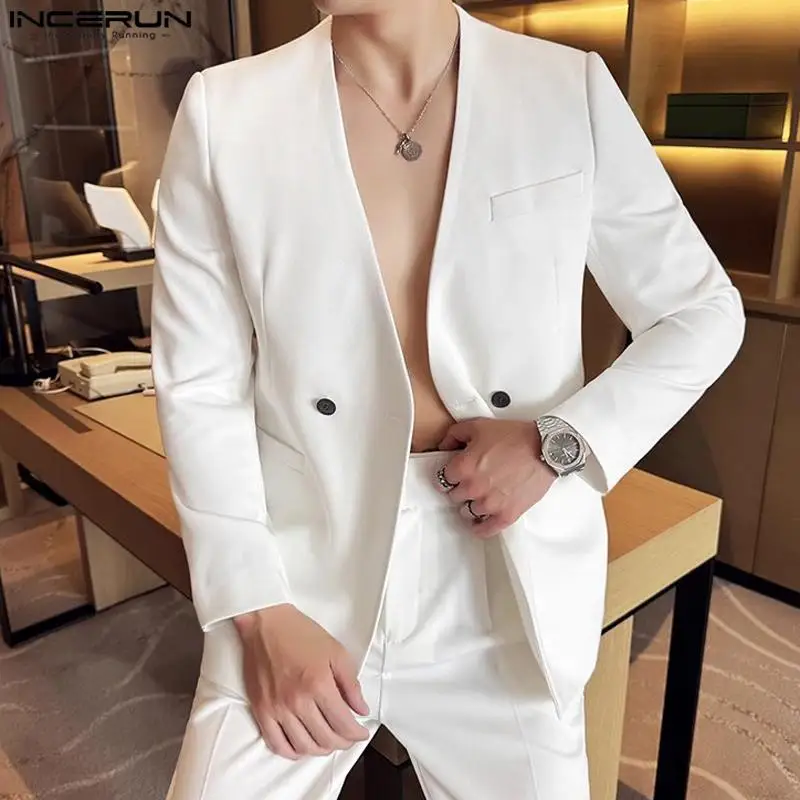 Men Sexy Solid Color Tops INCERUN Casual Long Sleeve Blazer Bottun Pocket Elegant Suits 2024 Korean Fashion V-neck Coats S-5XL