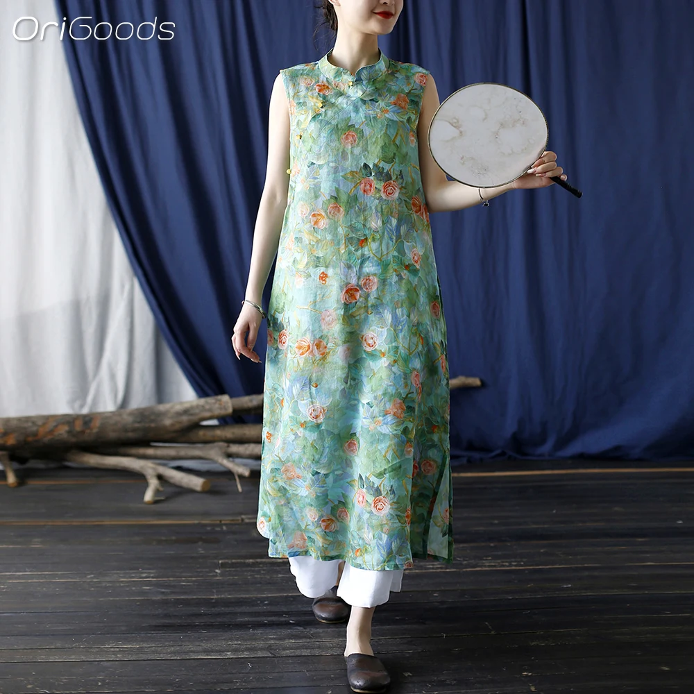

OriGoods Chinese Style Qipao Dress Woman 2025 Summer Sleeveless Long Dress Flower Print Traditional Slim Qi Pao Dress X062