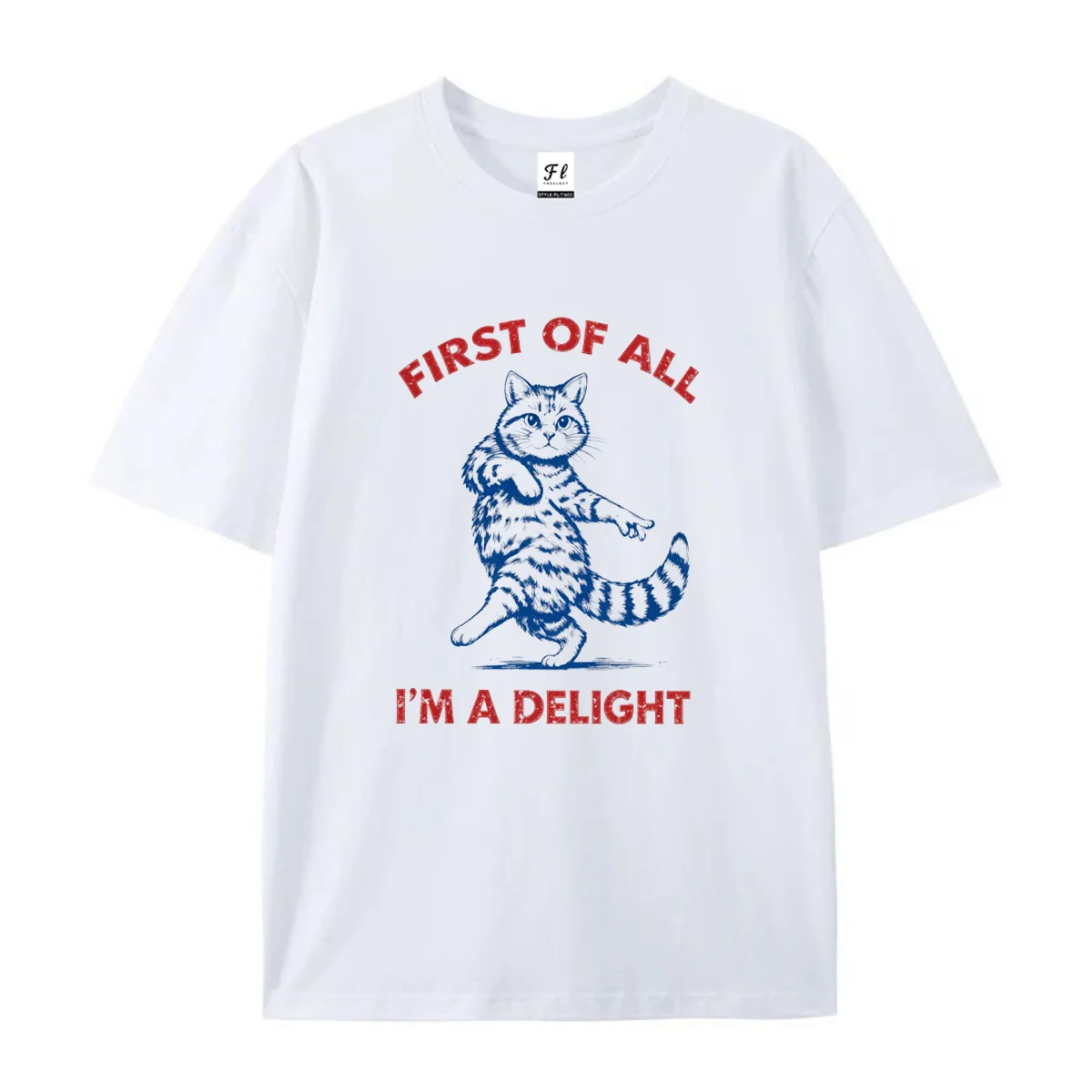 Women Short Sleeve T Shirt First Of All I Am A Delight Quote Graphic Tees Vintage Dancing Tabby Cat Print Summer Crew Neck Funny