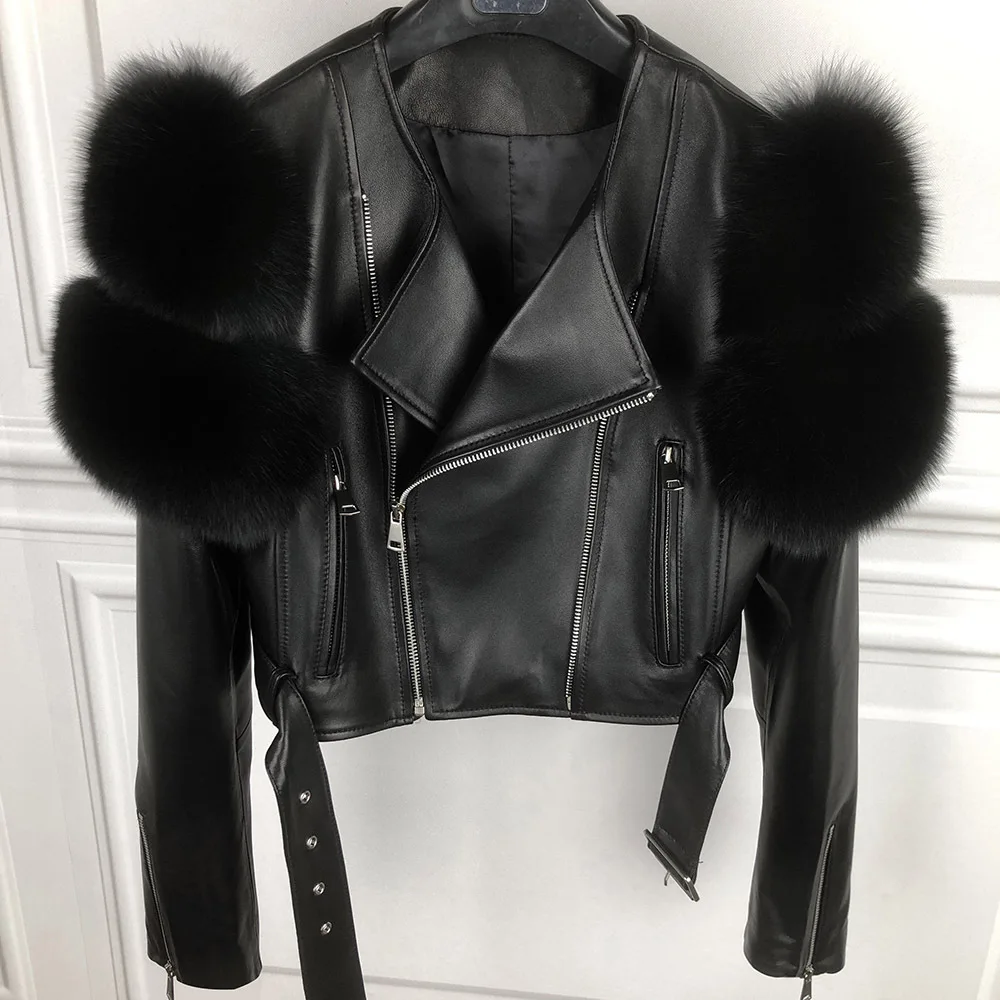 

2024 Fall Genuine Leather Short Jacket Fashion Natural Fox Fur Sleeve Women Zipper Moto Biker Silver Sheepskin Crop Jacket Tops