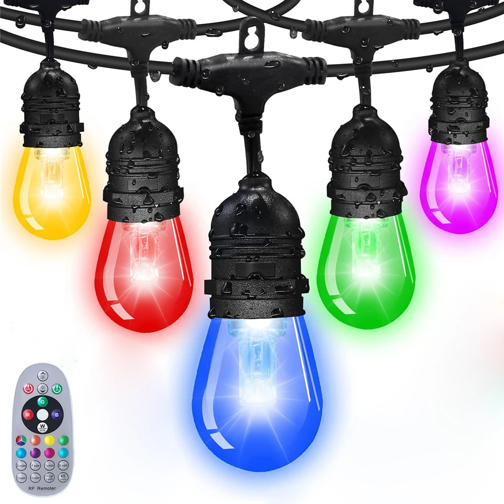 Connectable 5M 10M RGB Outdoor String Lights Multi-Color Dimmable Waterproof Commercial String Lights with S14 Edison Bulbs