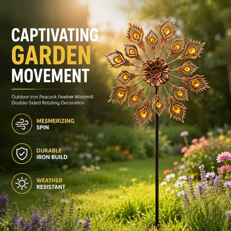 Iron‑crafted Double‑sided Rotating Peacock‑feather Wind Spinner Stake‑in Ornament Metal Whirligig for Outdoor Lawn Courtyard