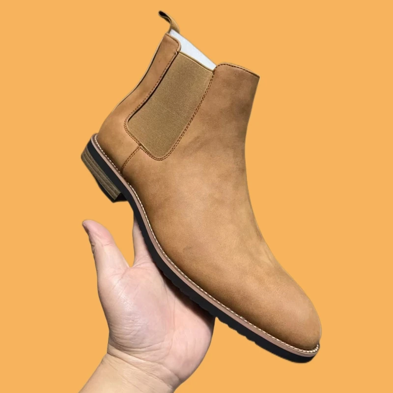 New Black Chelsea Boots for Men Business Ankle Boots Yellow Round Toe Slip-On Men Short Boots Size 38-46 Free Shipping