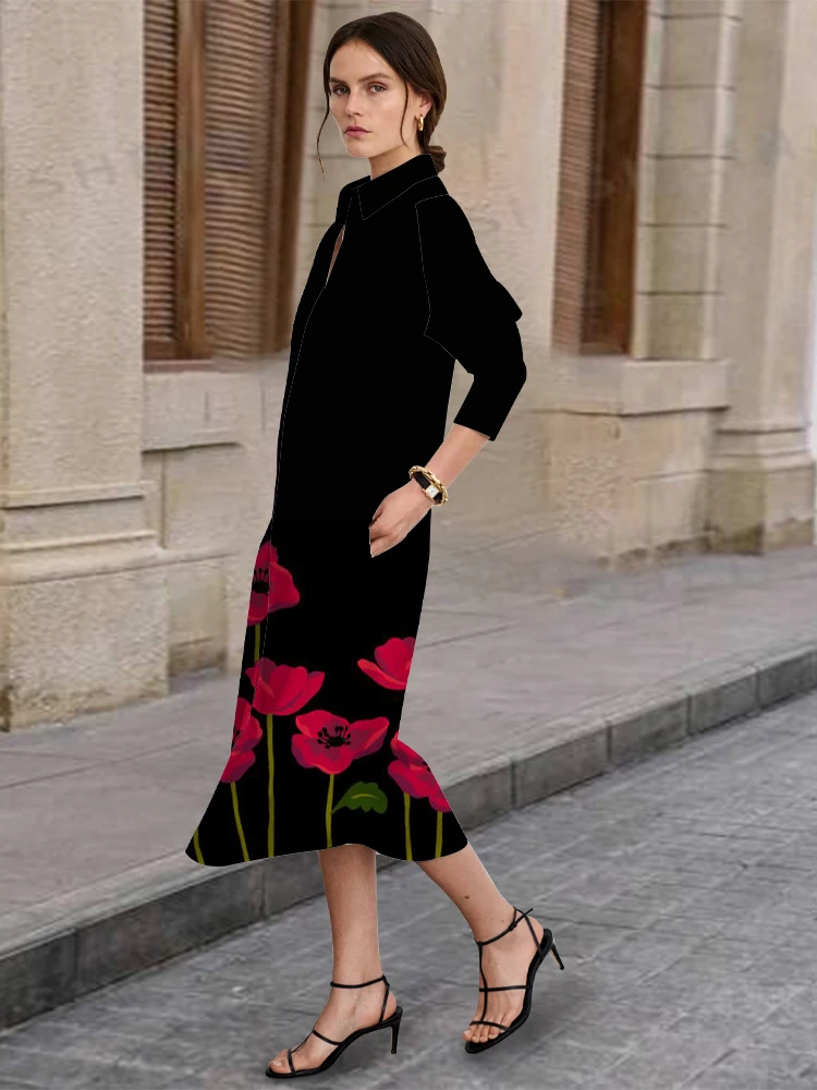 

Everyday Street Casual Style Front Button-Down Shirt Dress Spring and Autumn Ladies Urban Fashion Print Long-Sleeved Lapel Dress