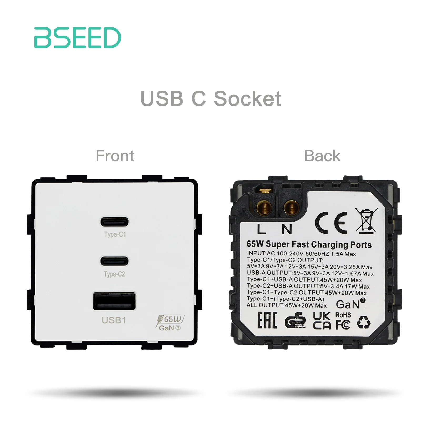 BSEED-enchufe de pared Universal, pieza de función de 65W PD, puerto de carga rápida, adaptador de carga rápida USB tipo C, pieza de módulo DIY sin marco