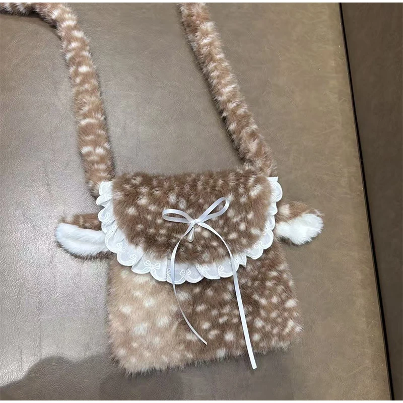 Japanische Hirsch gefleckte Band Plüsch Unterarm Umhängetasche, Mori Girl Elch flauschige Frauen Geldbörse, Winter süße Woodland Fairycore Handtasche – Detail 14