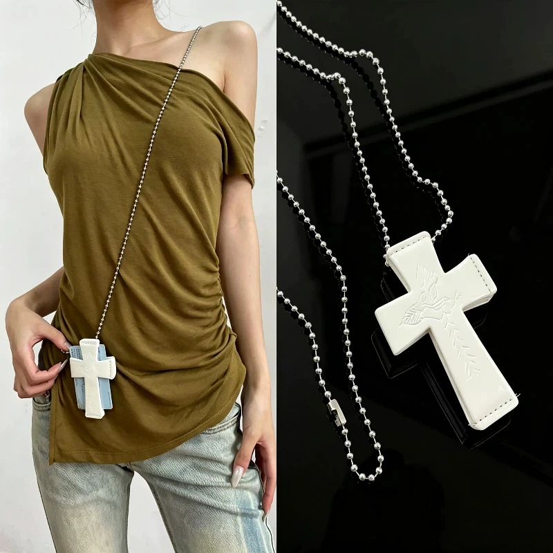 Cross Shaped Card Holder Lanyard Stylish Pu Leather Card Bag Necklace Fashion Cross Pendant Chain For Streetwear Accessory