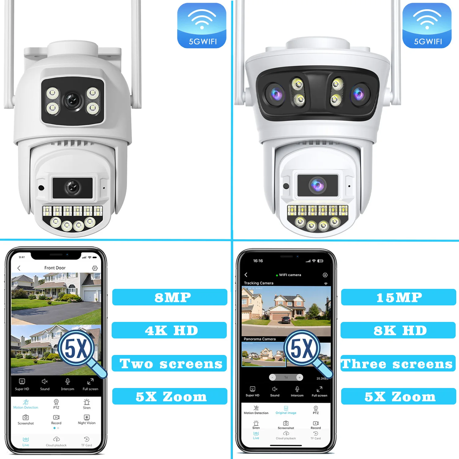 15MP PTZ IP Camera Outdoor Wifi Surveillance Camera 5X Digital Zoom Three Screens Security Camera 180° Oversized Viewing Angle