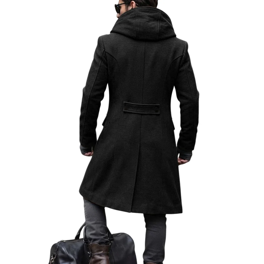 Men Hooded Wool Blends Trench Coat Double Breasted Mid Length Overcoat Work Casual Thick Warm Jacket Pockets Autumn Winter 2026