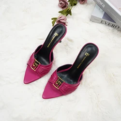 2024 summer new slim heeled slippers with leather pointed toes and exposed toes, 9cm high heels suitable for women's parties