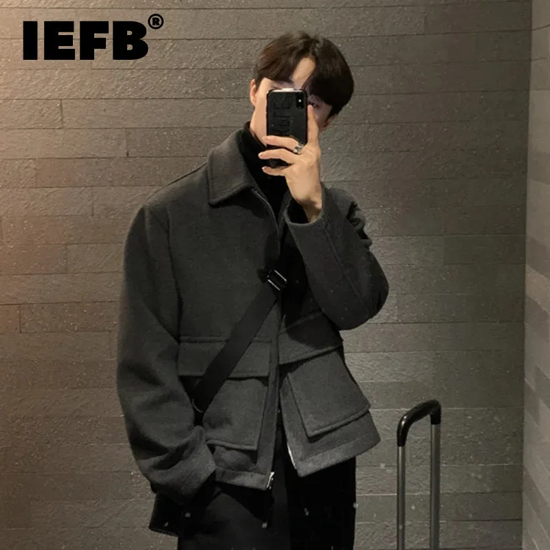 

IEFB Korean Style Men's Wollen Jackets Turn-down Collar Zipeer Casual Short Top Solid Color Loose Male Cargo Coats Autumn 9C7785