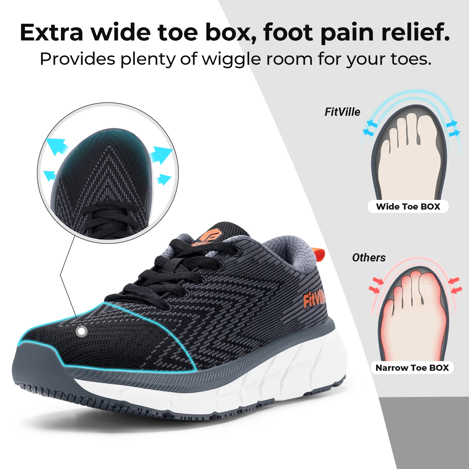FitVille Wide Toe Box Men'S Shoes Cushioned Extra Wide Width Non Slip Running Shoe Comfortable Lightweight Sneakers For Fat Feet
