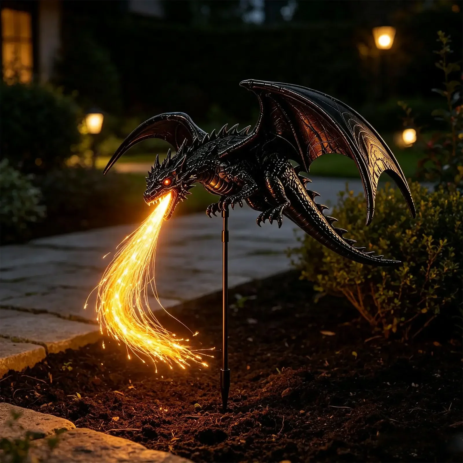 Solar Dragon Fire Garden Light, Fire Breathing Dragon Solar Light Glowing Fiber Optic Dragon Stake,Solar Dragon Fire Garden