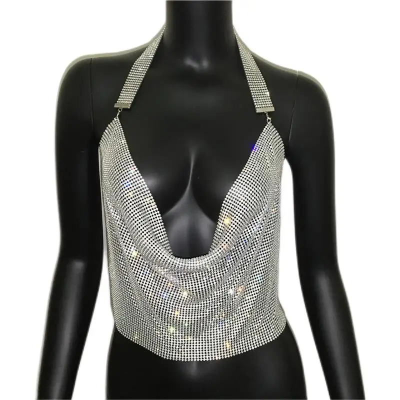 Women's Sexy Outerwear Metal Sequin Rhinestone Vest Ultra Short Spicy Girl SuSpender