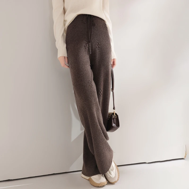 New Chic Women Pure Wool Pants Autumn Winter Wide Leg Pants Full Length 100% Merino Wool Knitwear Basic Simple Trousers Korean
