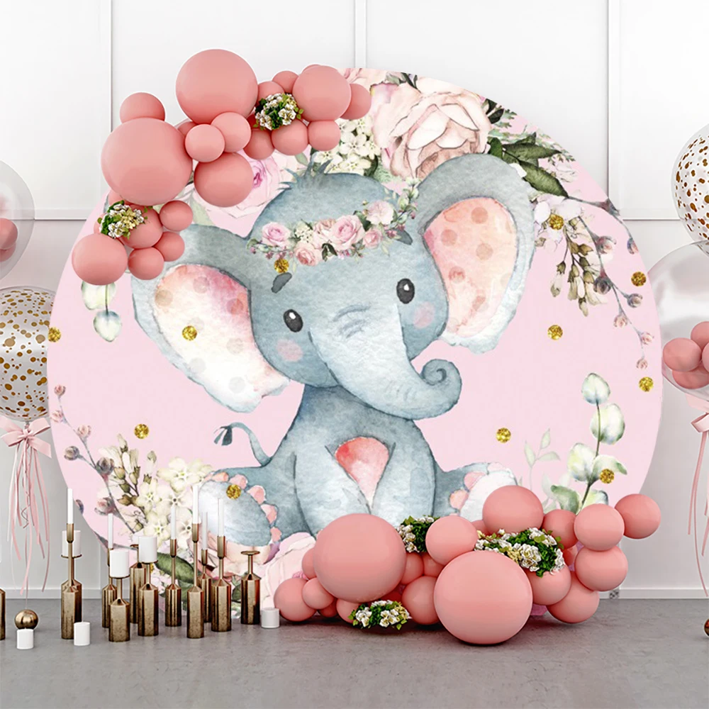 Elephant Baby Shower Round Backdrop Cover Jungle Animals Blue Pink Boy Girl Gender Reveal Birthday Party Decor Circle Background