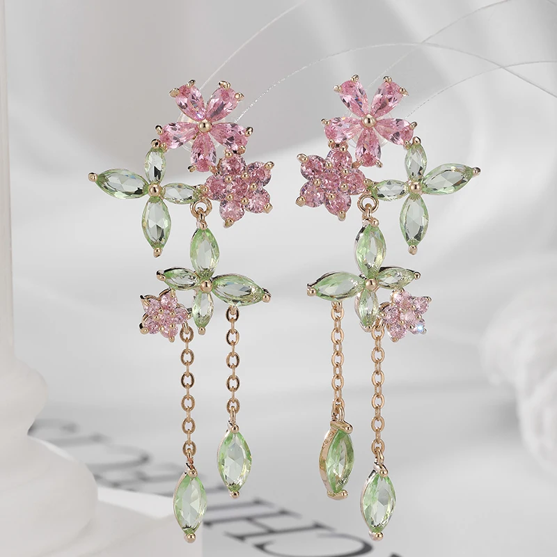 SENYU Fashion Sweet Pink Daisies Flower Long Earring Luxury Waterdrop CZ Crystal Shiny Jewelry Exquisite Bride Earrings