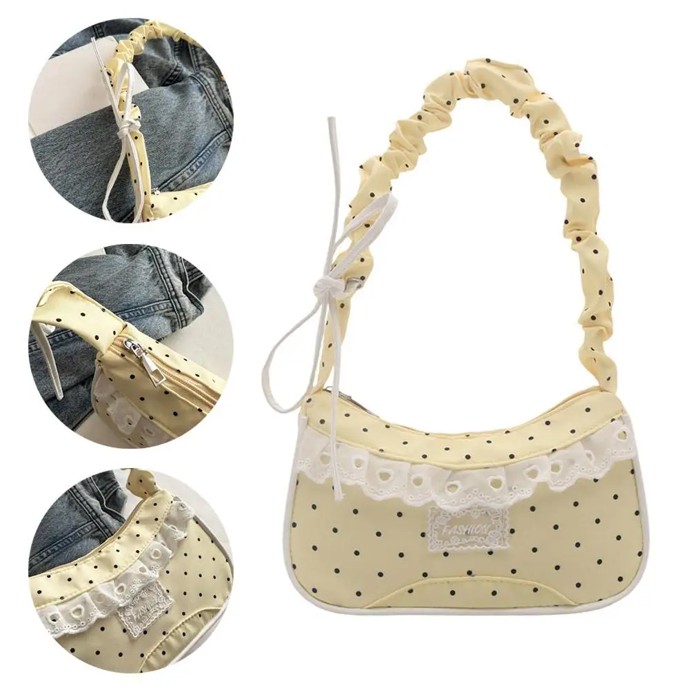 Niedliche Spitzen-Schultertasche mit Tupfenmuster, Süße Unterarmtasche mit Schleife, Y2k Mode, Lässige Schultertasche, Umhängetasche – Detail 35