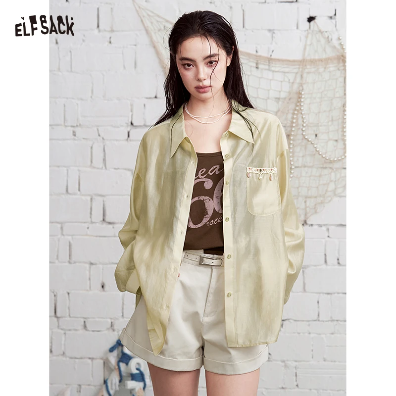 

ELFSACK Beaded Detail Oversized Shirt, Loose-Fit Button-Up Blouse