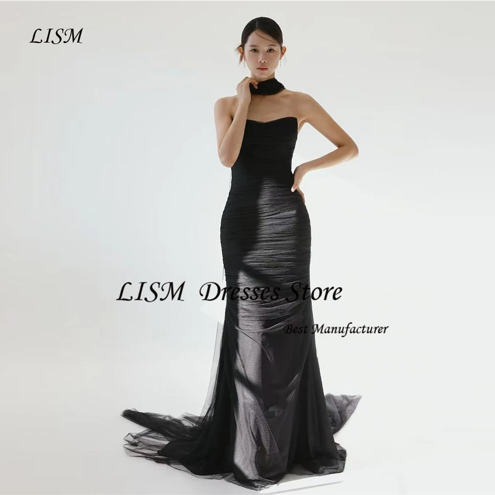

LISM Black Mermaid Evening Dresses Korea Wedding Photo shoot Soft Tulle Prom Gowns Corset Back Long Evening Party Corset