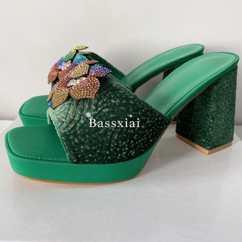 Rhinestone Butterfly-Flower Decor Women Sandals Green Color High Platform Chunky Heel Slingbacks Summer Mules view 3