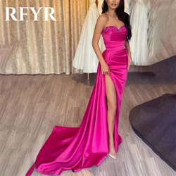 RFYR Pink Prom Dress Sweetheart Mermaid Long Evening Dresses Sleeveless High Slit Crystal Robe De Soirée with Pleats Party Dress